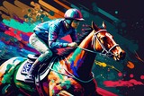 Fototapeta  - courses hippique, chevaux et jockey stylisé en peinture moderne - illustration ia