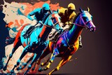 Fototapeta  - courses hippique, chevaux et jockey stylisé en peinture moderne - illustration ia