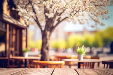 Cafe and blossom tree background created with generative Ai technology