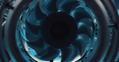 Fototapete - Industrial High Tech Sustainable Electric Turbine Motor in a Factory Workshop. Tech Facility with Servers, Computers and Research Equipment. Zoom Out Footage From Inside the Engine with Spinning Fan