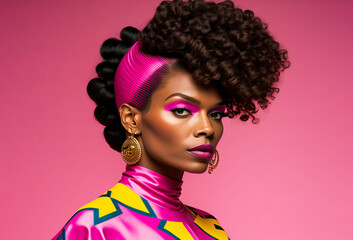 1980s vintage fashion portrait. Black woman with retro 80's style. Generative ai