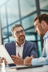 Leinwandbilder - Coaching, training and business people with tablet in office workplace. Collaboration, mentor and men or employees with technology planning sales, marketing or advertising strategy in company meeting