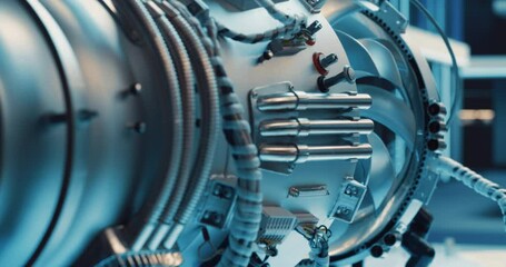 Leinwandbilder - High Tech Futuristic Turbine Engine with Multiple Fans, Wires, Connectors. Jet Engine with Stylish Contemporary Design in Technological Silver Color. Project in Development in Research Laboratory