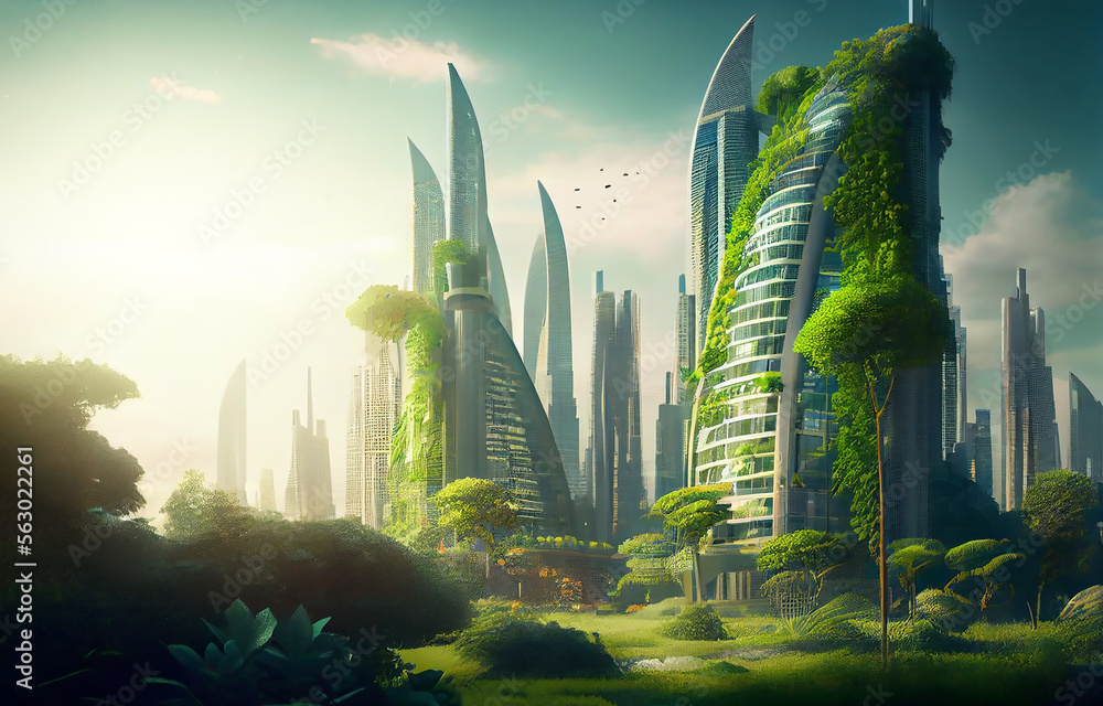 The green city of the future. Spectacular eco-futuristic cityscape ESG ...