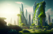 The green City of The future. Spectacular Eco-futuristic Cityscape ESG Concept Full With Greenery, Skyscrapers. Generative AI.
