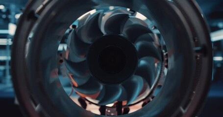 Leinwandbilder - Adult Engineer in a White Scientist Coat with Laptop Computer Comes Up to Perform Diagnostics and Tests on a Futuristic Aerospace Jet Engine. Zoom Out Footage From Inside an Advanced Turbine