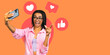 Young funny african american casual woman grimacing and making selfie on smartphone isolated over orange background. Vector isolation collage.