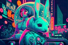 Fun Space Party - A Cartoon Illustration Of A Rabbit-Loving Woman With Graffiti-Inspired Art And Colorful Patterns, Celebrating Chinese New Year Of The Black Water Rabbit And Easter