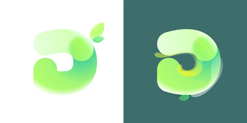 Wall Mural - Letter D eco logo with green gradient and leaf in Glassmorphism style.