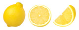 ripe lemon fruit half and slices isolated, Fresh and Juicy Lemon, transparent png, cut out.