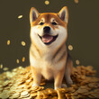 happy shiba Inu dog sitting on top of a pile of gold coins, generative ai 