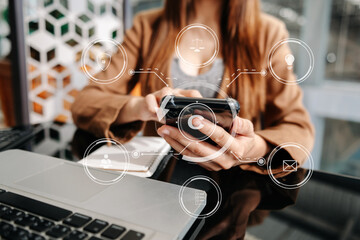 Wall Mural - Copyright or patent concept, Person hand using laptop computer, tablet and smartphone with virtual screen copyright icon trademark, Creation ownership against piracy. ..