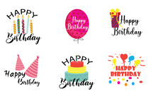 Happy Birthday Logo Badge. Greeting Lettering, Cake, Balloons And Candle Birthday Greeting Card Decoration Design Vector Illustration Icons Set