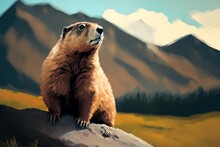 Jour De La Marmotte. Illustration D'une Marmotte Sur Un Rocher Juste Après Son Hibernation - Illustration Ia