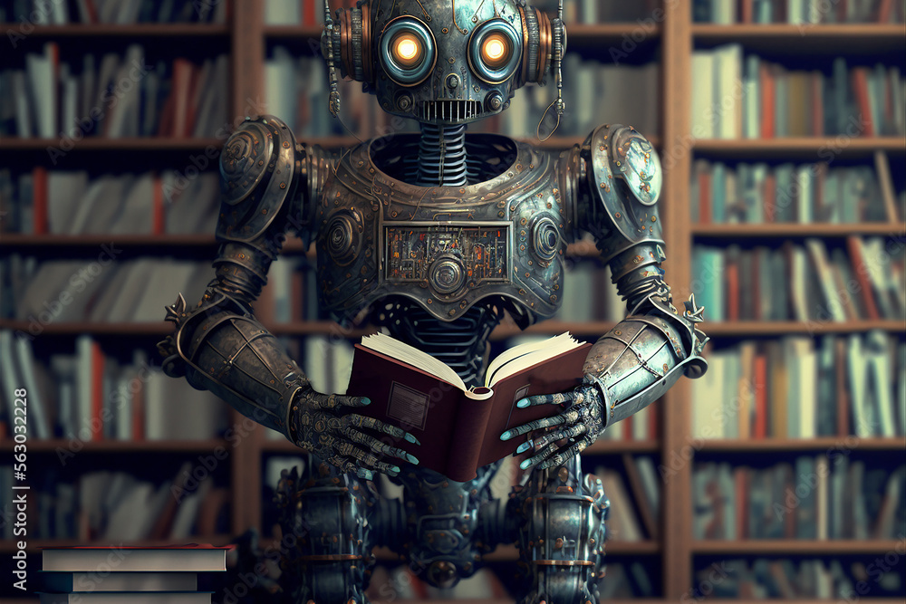 Machine learning, artificial intelligence. Robot reading a book and ...