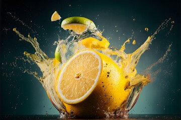 Wall Mural - Lemon cinematic photograph with a splash of lemon juice. Food Photography. Lemonade. 