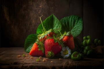 Wall Mural - Strawberries with green leaves. Food photography. Fresh Fruits. Modern Studio. Health, fitness, healthy, fruit.