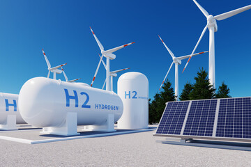h2 hydrogen tank, solar panels and wind power turbines, 3d rendering