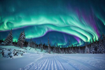 Photo of northern lights at night with tree silhuette and a winter landscape