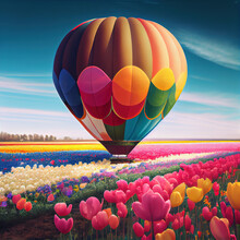 Big Multi-colored Balloon Flies Over A Flower Field. Generative Ai