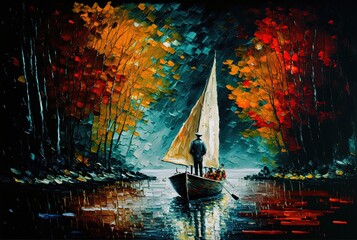 oil painting style illustration, a person journey collection set, a man on sailing boat travel on canal with tree or bamboo forest along side Generative Ai	