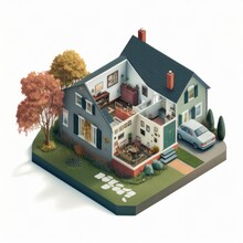 Isometric 3d Illustration Of A Single Family Home With Interior Cutout Visible Isolated On A White Background, Generative Ai