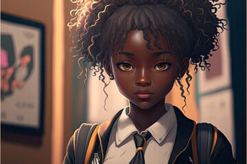 Illustration of a black african american anime schoolgirl in uniform with brown eyes and black hairs looks forward in class room generative ai