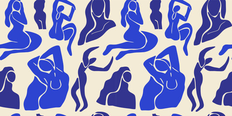 Abstract blue women seamless pattern. Background illustration of flat cartoon woman figures, young vintage art female wallpaper. Backdrop design for fashion fabric or modern trend print.