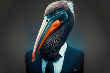 Portrait Of A Pelican In A Stylish Business Suit. Generative AI. Businessman Pelican Illustration. 