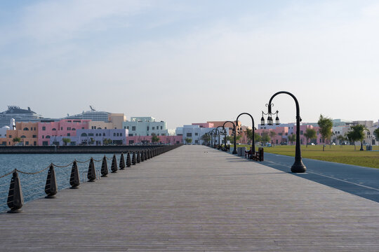 Wall Mural - Morning view of Mina District Corniche in old Doha port, Qatar.