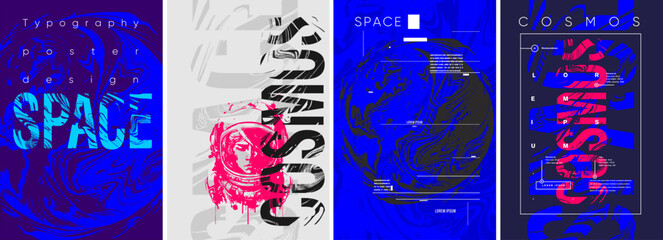 Wall Mural - Space, planet, space storm, grunge. Typography posters design. Set of flat vector illustrations. Layout creative. Print, label, cover.