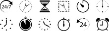 Clock Icon. Collection Of Different Clocks. Watch, Time Icon, Symbol. Black And White Design