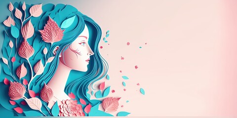 Wall Mural - Illustration of face and flowers style paper cut with copy space for international women's day