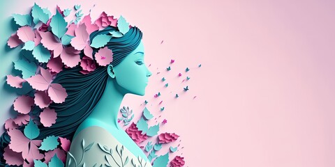 Illustration of face and flowers style paper cut with copy space for international women's day