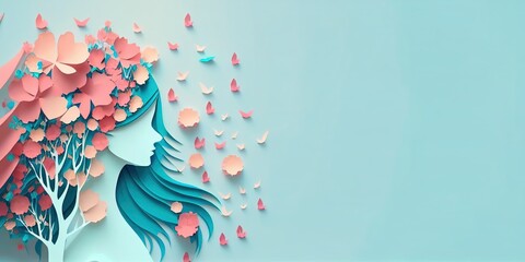 Wall Mural - Illustration of face and flowers style paper cut with copy space for international women's day