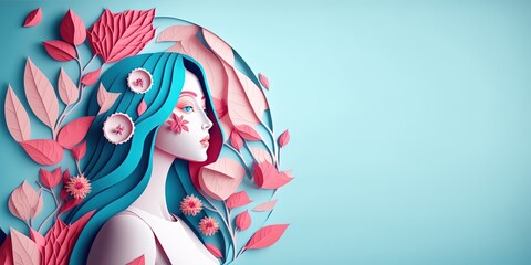 Wall Mural - Illustration of face and flowers style paper cut with copy space for international women's day