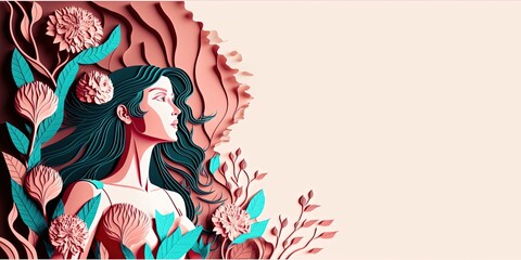 Wall Mural - Illustration of face and flowers style paper cut with copy space for international women's day