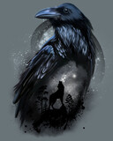 Fototapeta Konie - Raven and wolf that howls at the moon