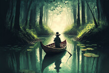 Journey Through The Forest River: A Digital Art Style Generative AI Illustration Of A Boy Rowing A Boat Generative A