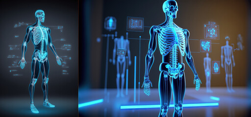 Human body low poly wireframe. Futuristic scan human hologram in HUD style. 3d illustration