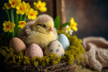 Cute Chick In An Easter Nest With Easter Eggs And Spring Flowers, Generative Ai