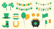 © Yulia - Saint Patricks day element collection. Clover, horseshoe, pot of gold coins, leprechaun hat and shoes. Vector illustration