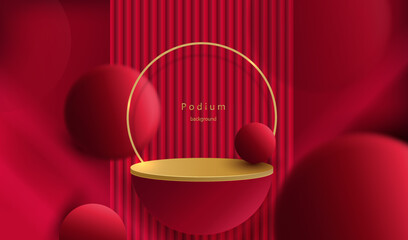 Red podium with gold pedestal  studio empty room  for display product. Geometric round stage platform with vertical abstract lines and blurred design backdrop. Luxury scene vector.	