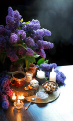 Wall Mural - Still life from food and lush lilac boquet