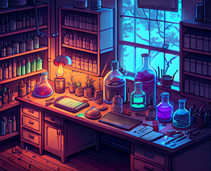 Sticker - Chemistry laboratory, experiment and study room, generative ai illustration