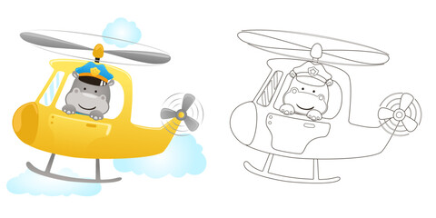 Poster - Vector illustration of cartoon hippo wearing pilot cap on helicopter. Coloring book or page for kids