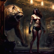 Naked Woman With Huge Red Demon Cat In Fighting Position Against Underground Background. Ai Generative. Digital Painting Concept Art.