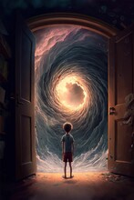 Young Adventurer In Front Of Portal To Fantasy Dimensions That Radiate Power And Energy, Dramatic, Saturated, High Contrast, Powerful Twister Clouds ,made With Generative AI