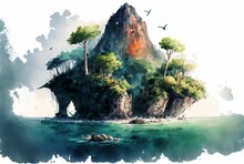 Remote Tropical Island In Watercolor Style ,made With Generative AI