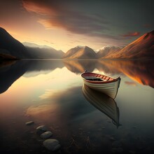 Boat On Calm Lake At Sunrise ,made With Generative AI